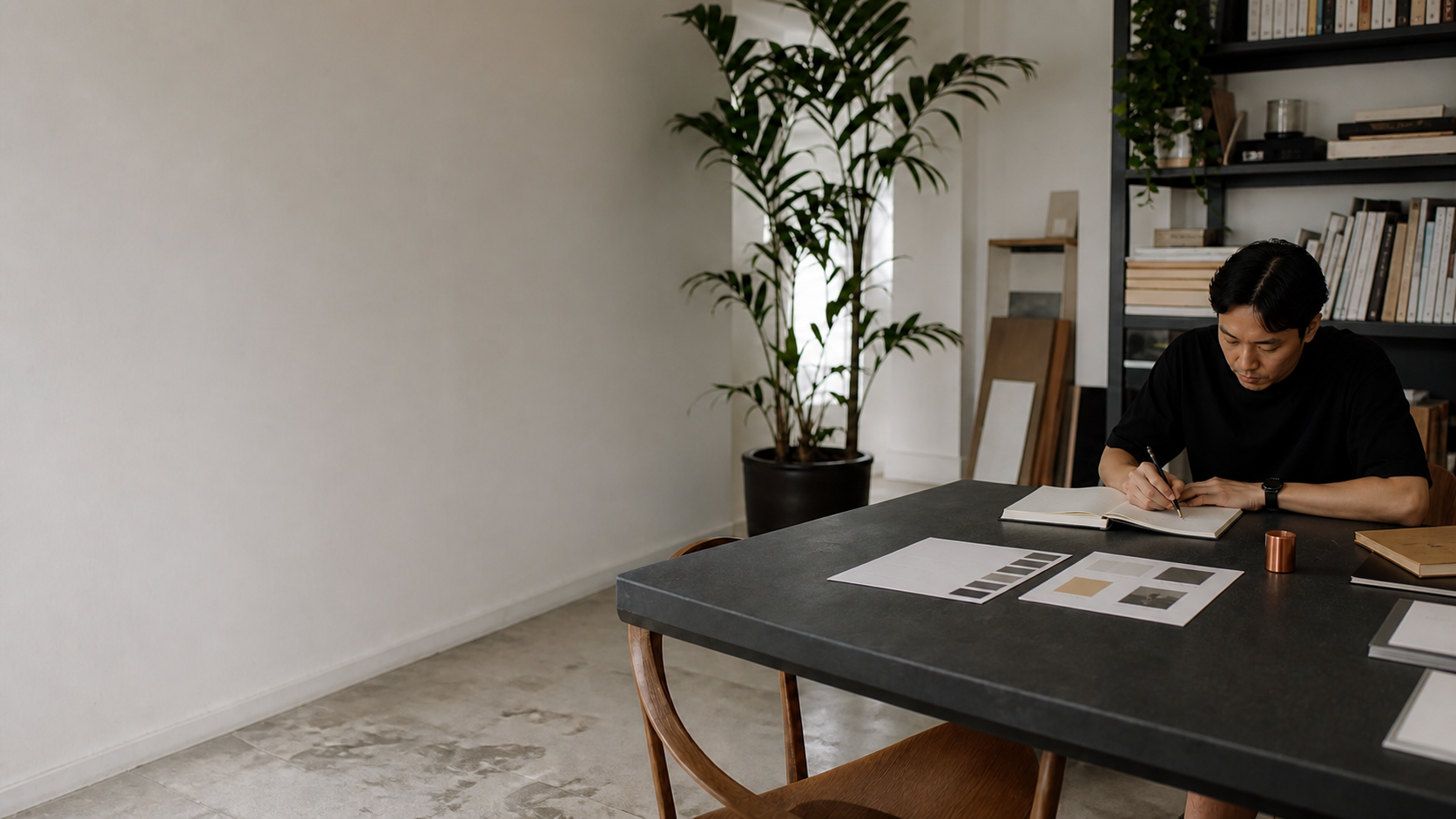 A refined Singapore agency workspace at dusk with an empty founder's chair and an orderly handoff dossier